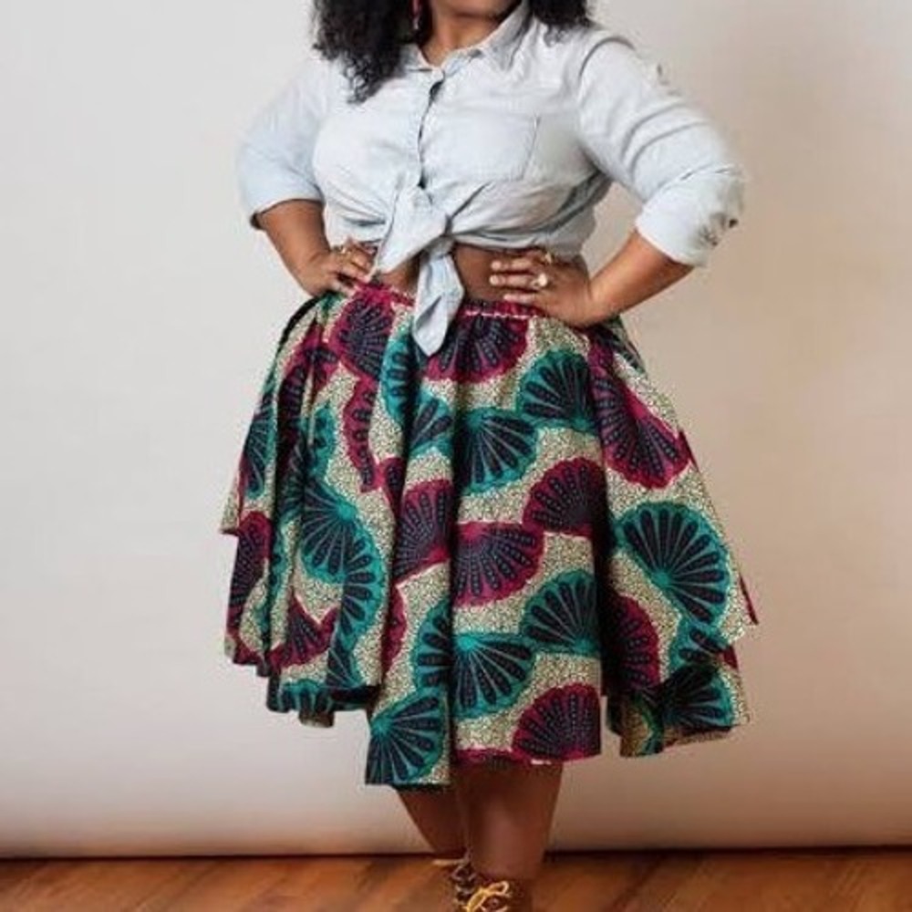Nakimuli Asymmetrical Circle Skirt Small Teal Pink African Print Cotton Pockets
